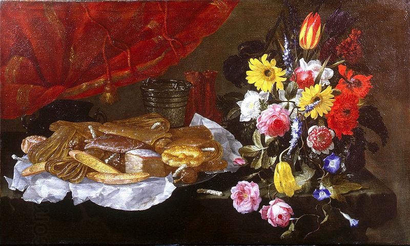 Giuseppe Recco A Still Life of Roses, Carnations, Tulips and other Flowers in a glass Vase, with Pastries and Sweetmeats on a pewter Platter and earthenware Pots, on China oil painting art